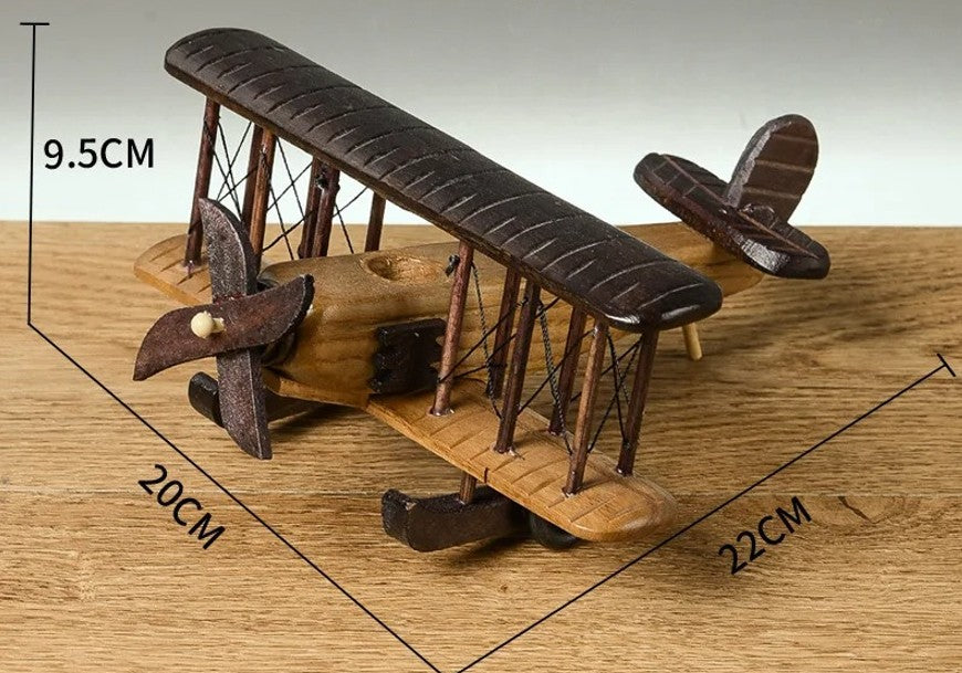 דגם מטוס עץ רטרו בעבודת יד.פסלון מטוס דקורטיבי לשולחן עבודה או לבית