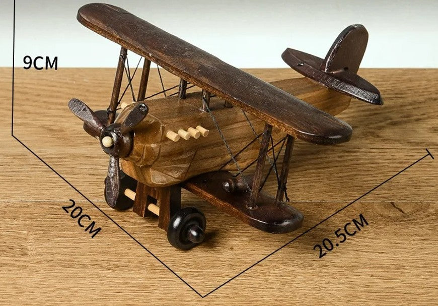 דגם מטוס עץ רטרו בעבודת יד.פסלון מטוס דקורטיבי לשולחן עבודה או לבית