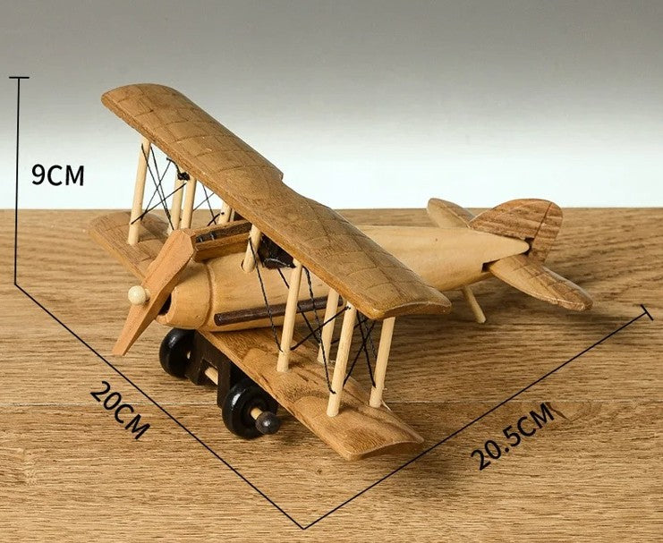 דגם מטוס עץ רטרו בעבודת יד.פסלון מטוס דקורטיבי לשולחן עבודה או לבית