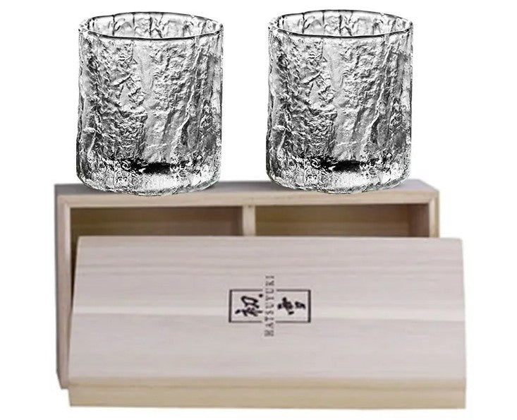 סט זוג כוסות ויסקי בעיצוב אומנותי פרימום עם מרקם סלעי מיוחד ארזת מתנה