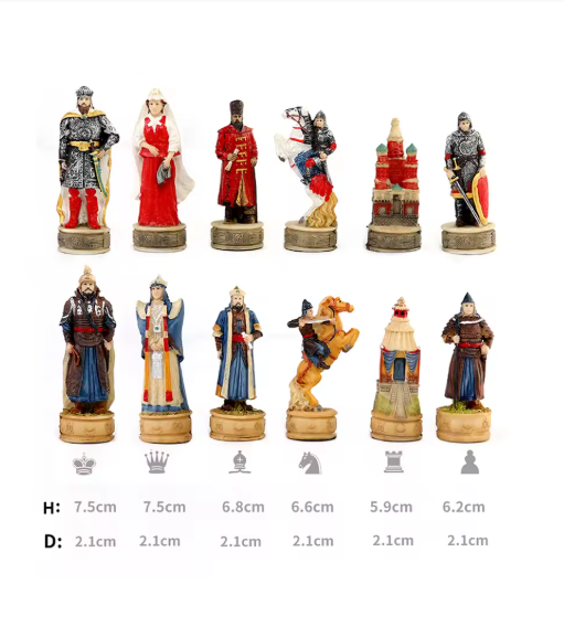 סט שחמט ייחודי כלי משחק בעיצוב דמויות מגולפות בקפידה רוסיה נגד מונגוליה