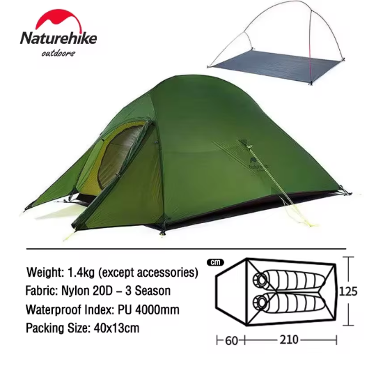 אוהל קמפינג אולטרה־קל לזוג עמיד למים, מתקפל ונייד לטיולים, אופניים ותרמילאות