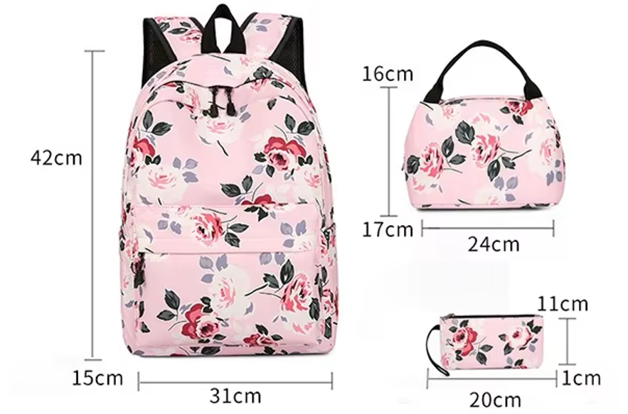 🎒🌸 סט תיקים 3 חלקים קלמר, תיק אוכל ותיק יום פרחוני