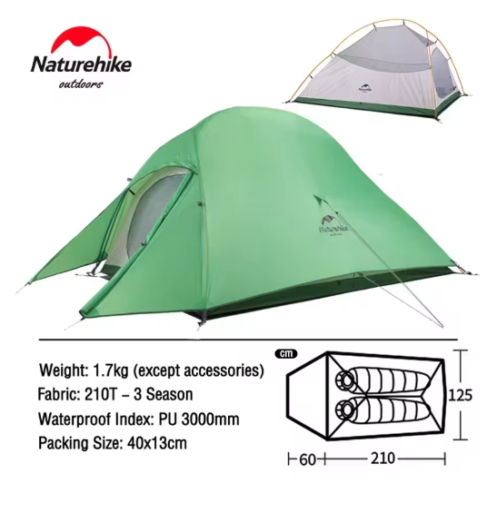 אוהל קמפינג אולטרה־קל לזוג עמיד למים, מתקפל ונייד לטיולים, אופניים ותרמילאות