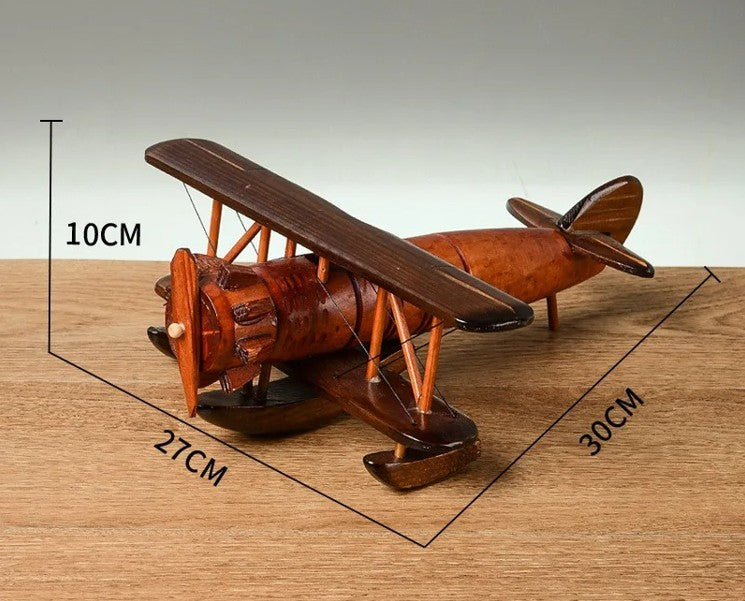 דגם מטוס עץ רטרו בעבודת יד.פסלון מטוס דקורטיבי לשולחן עבודה או לבית