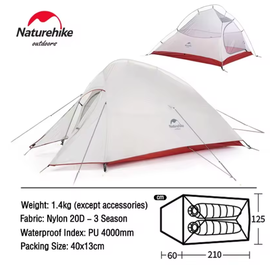 אוהל קמפינג אולטרה־קל לזוג עמיד למים, מתקפל ונייד לטיולים, אופניים ותרמילאות