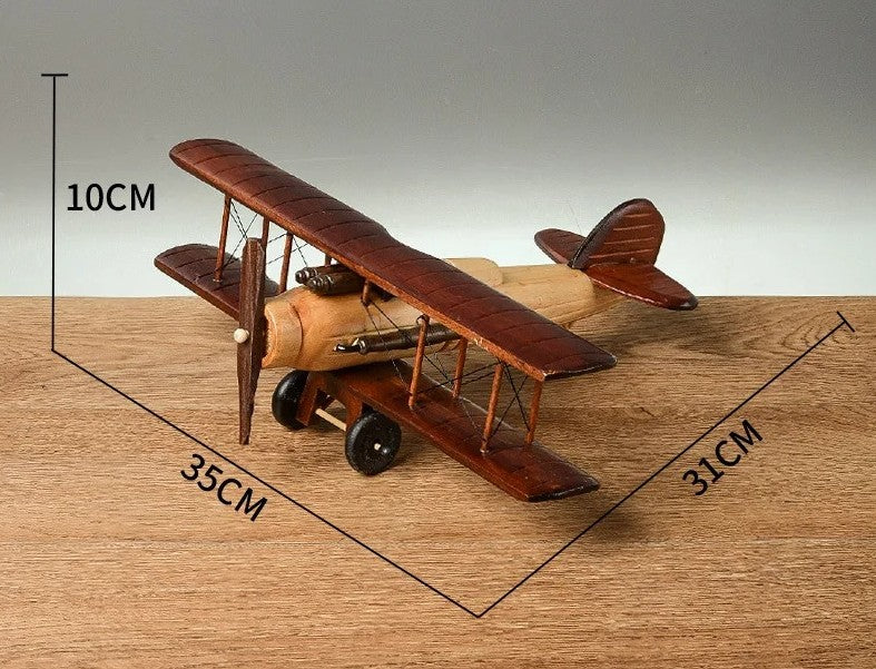 דגם מטוס עץ רטרו בעבודת יד.פסלון מטוס דקורטיבי לשולחן עבודה או לבית
