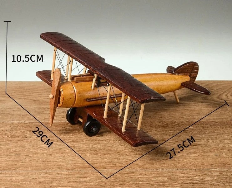 דגם מטוס עץ רטרו בעבודת יד.פסלון מטוס דקורטיבי לשולחן עבודה או לבית