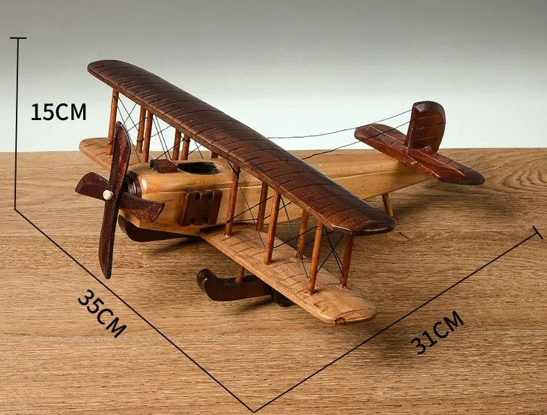 דגם מטוס עץ רטרו בעבודת יד.פסלון מטוס דקורטיבי לשולחן עבודה או לבית