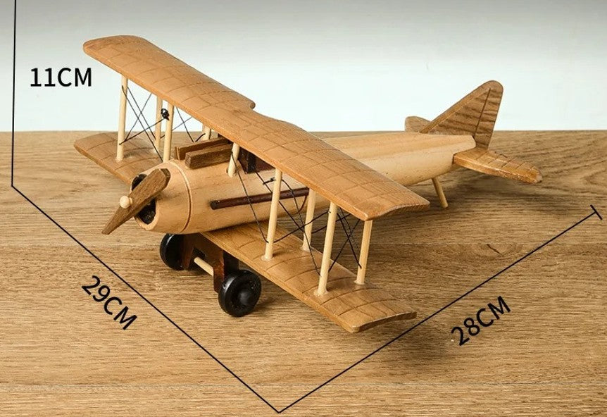 דגם מטוס עץ רטרו בעבודת יד.פסלון מטוס דקורטיבי לשולחן עבודה או לבית