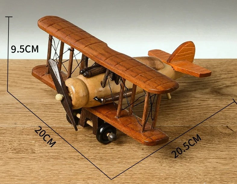 דגם מטוס עץ רטרו בעבודת יד.פסלון מטוס דקורטיבי לשולחן עבודה או לבית