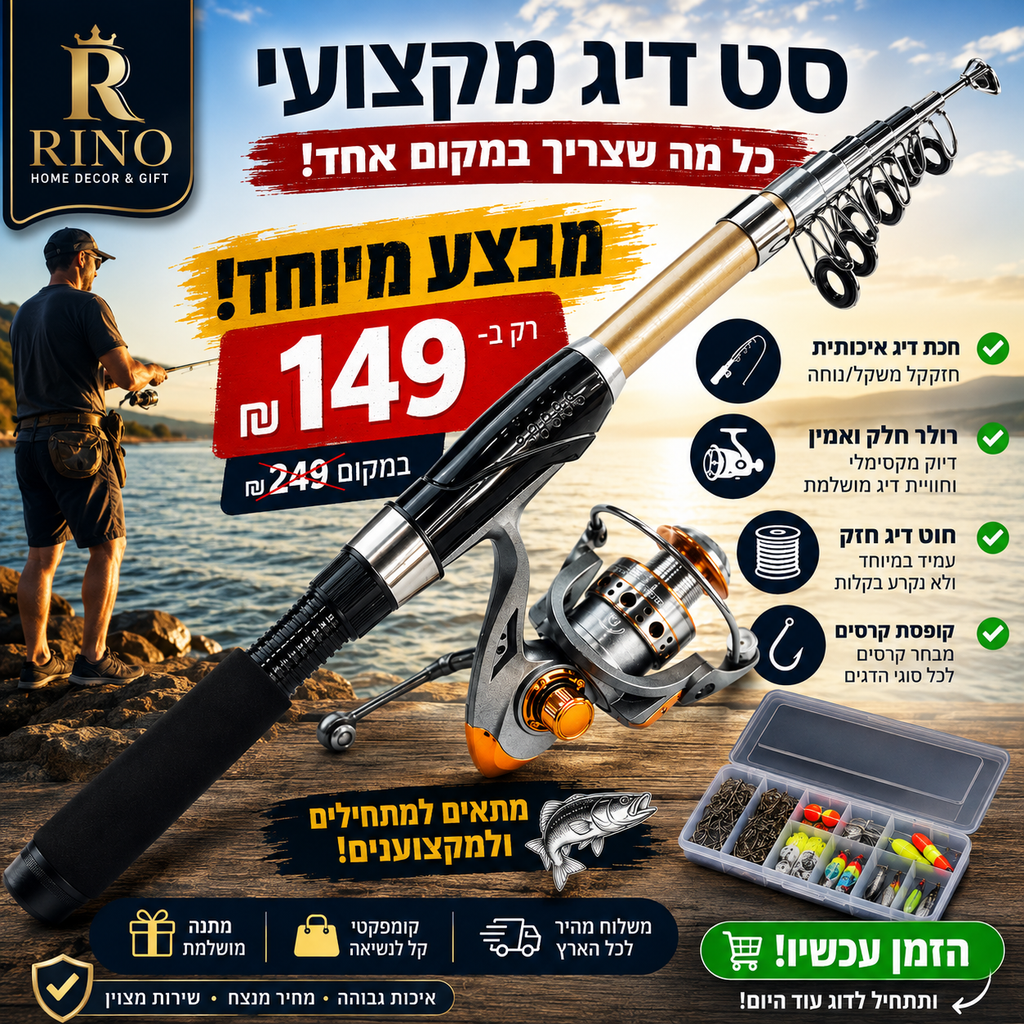 מבצע סט חכת דיג מושלם לילדים ומתחילים ולחובבי דיג - חכה רולר חוט קרסים