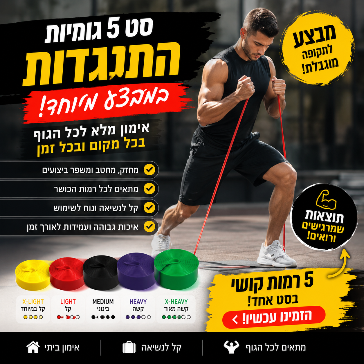 סט  גומיות התנגדות מתאים לחיזוק שרירים, חיטוב ושיקום