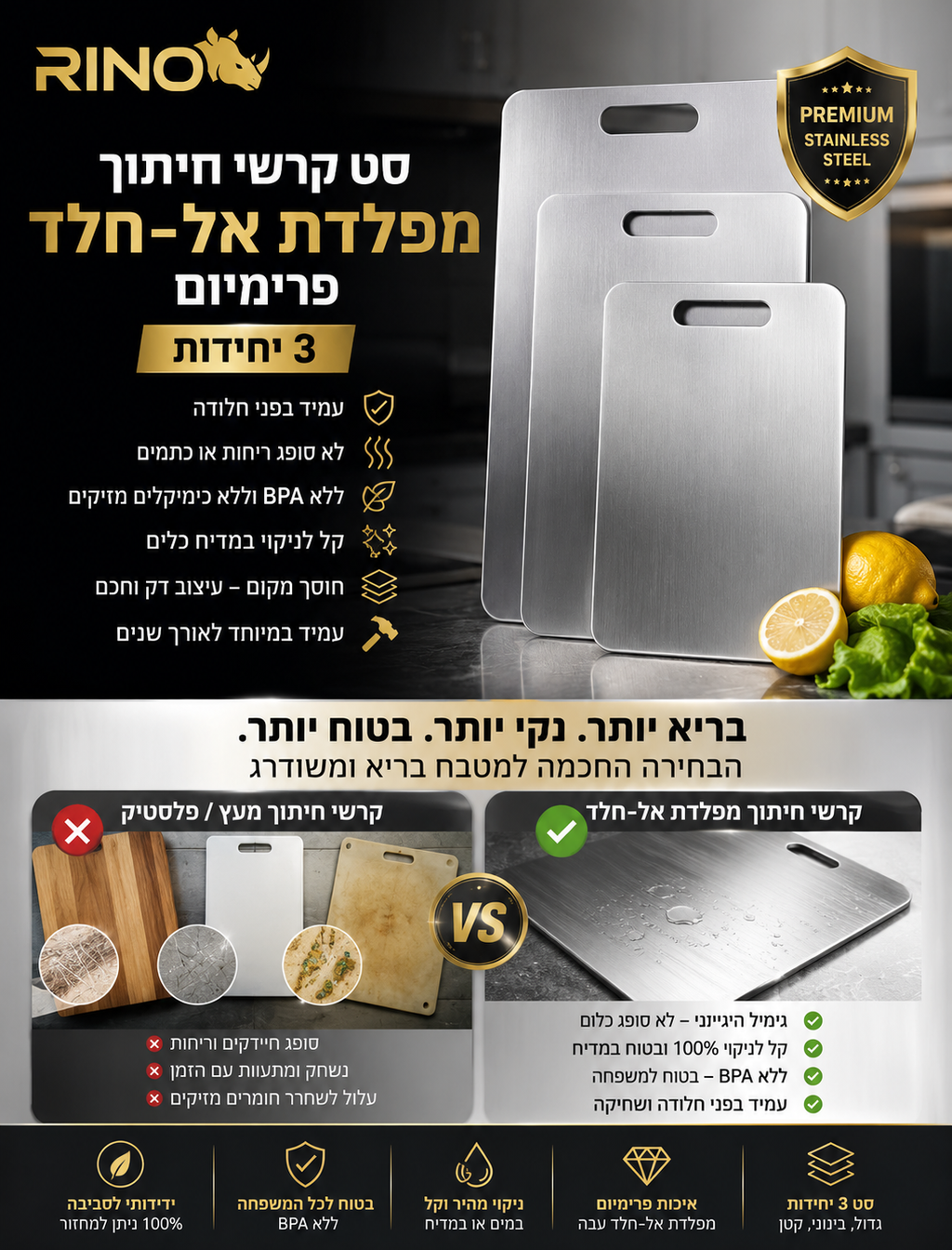 סט 3 קרשי חיתוך מפלדת אל-חלד פרימיום היגייני, בריא  וחזק יותר מעץ