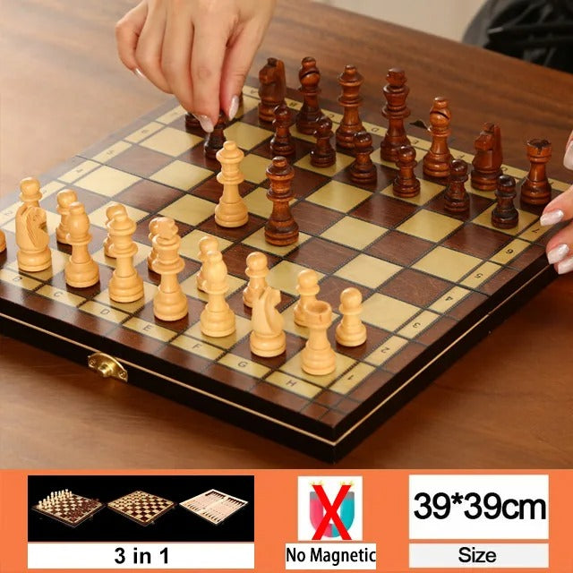 שחמט ♟️ מעץ פרימיום  + דמקה שש־בש עיצוב רטרו קלאסי ואלגנטי