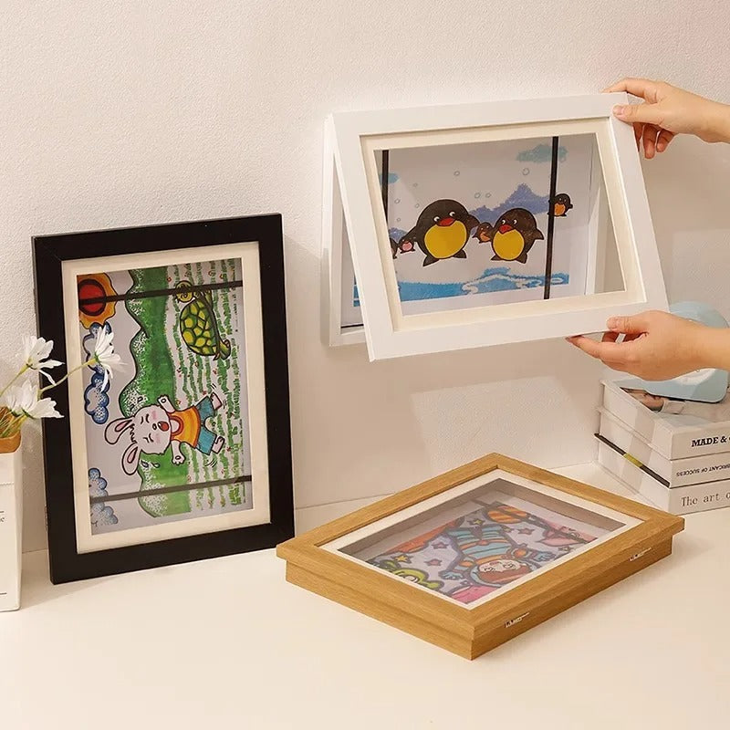 🧲🖼️ מסגרת עץ מגנטית גודל אי4 לתמונות וציורי ילדים  תצוגה מתחלפת בקליק