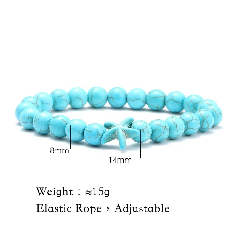 צמידי אוקיינוס טורקיז "כחול ספיר" אבן טבעית ועיצוב צב וכוכב ים צמיד יוניסקס בעבודת יד