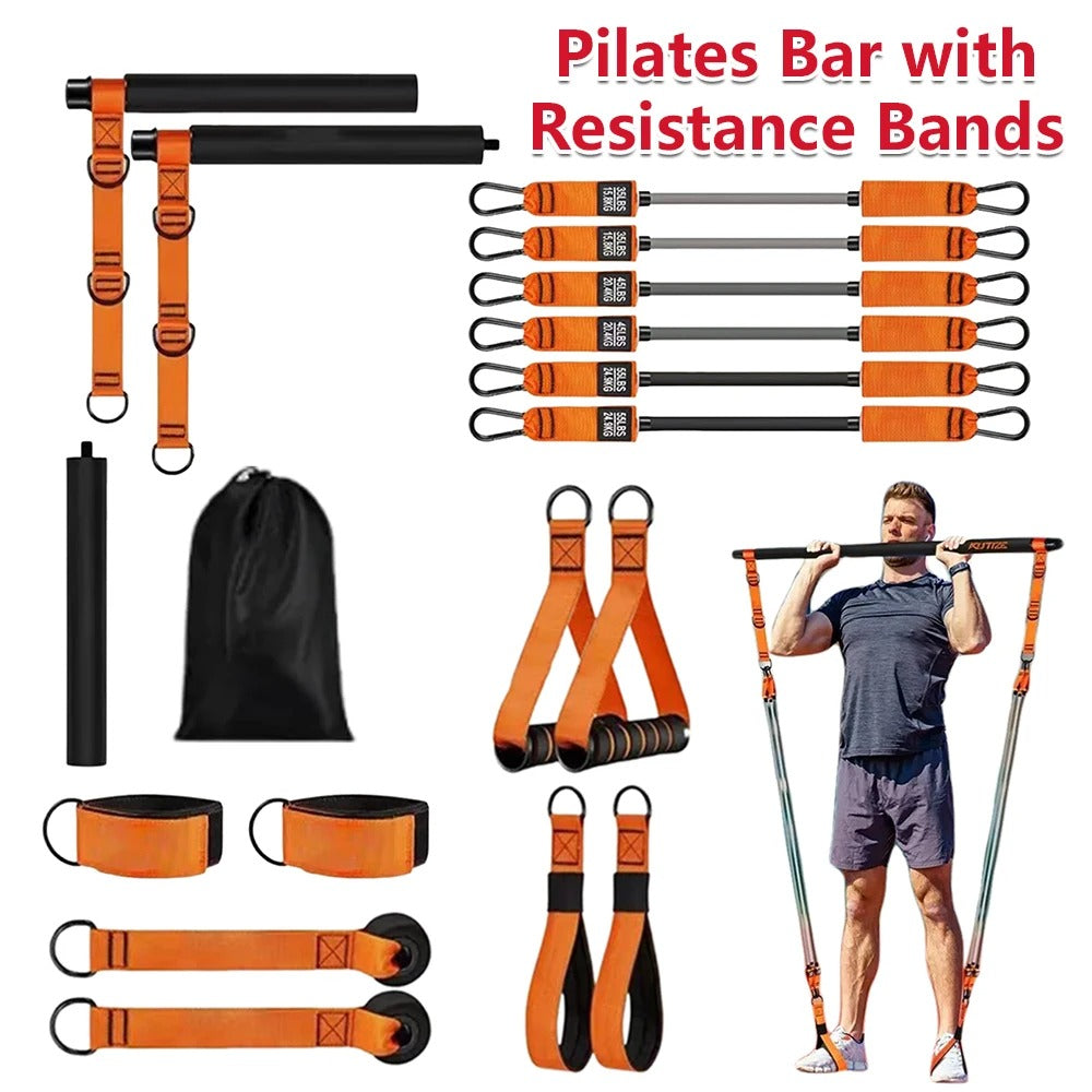 סט מוט פילאטיס עם גומיות התנגדות ציוד אימון גוף מלא לבית חיזוק ידיים, גב, רגליים וישבן
