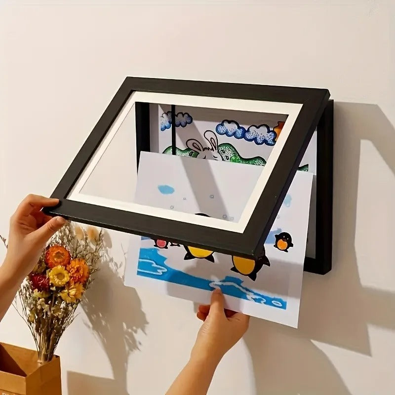 🧲🖼️ מסגרת עץ מגנטית גודל אי4 לתמונות וציורי ילדים  תצוגה מתחלפת בקליק