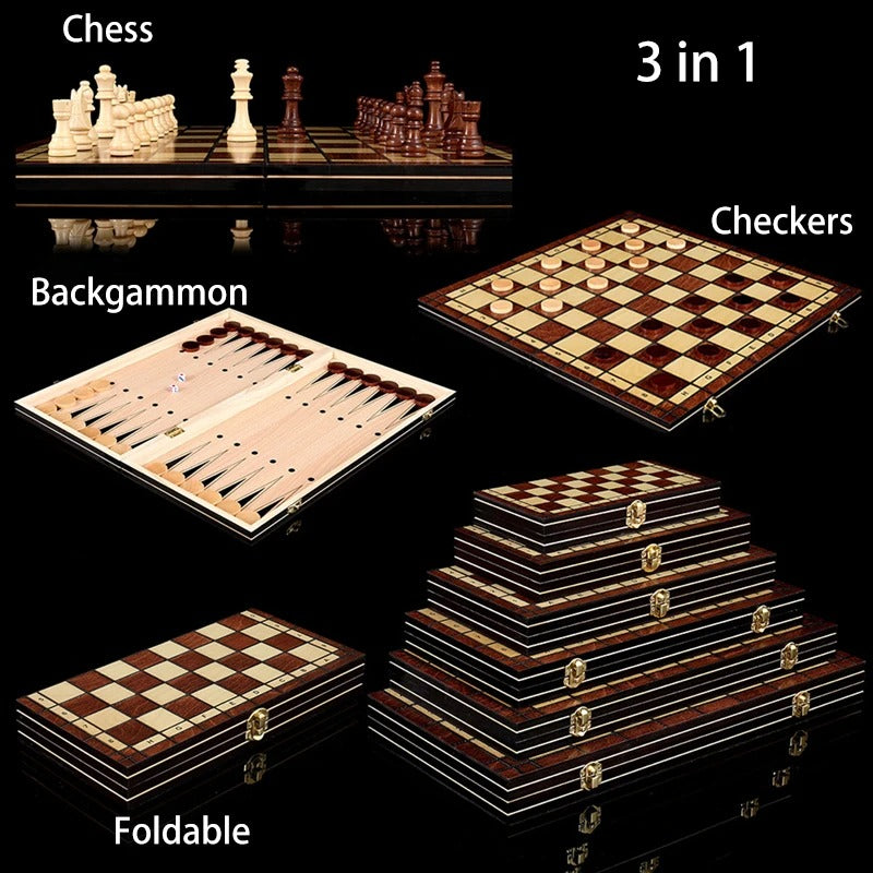 שחמט ♟️ מעץ פרימיום  + דמקה שש־בש עיצוב רטרו קלאסי ואלגנטי