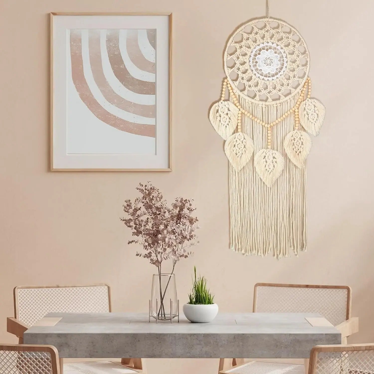 🍃   מקרמה בעבודת יד קישוט קיר גדול עלים  עם חרוזי עץ עיצוב בוהו-שיק לבית ולחדר שינה