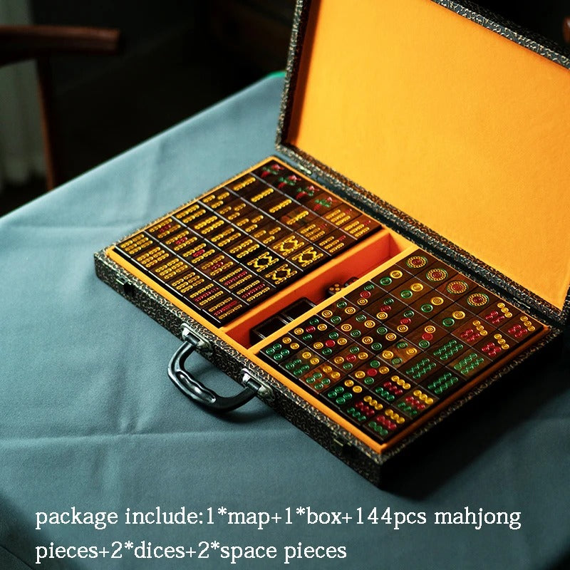 סט מהג’ונג יוקרתי עבודת יד מעץ – 144 אבנים איכותיות, משחק שולחן למשפחה ולחברים ואספנים