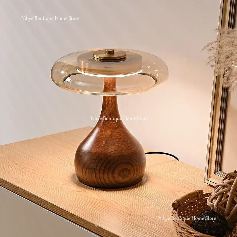 מנורת שולחן יפנית רטרו מעץ מלא וזכוכית בסיס עץ אגוז ונחושת מנורה דקורטיבית לסלון ולחדר שינה