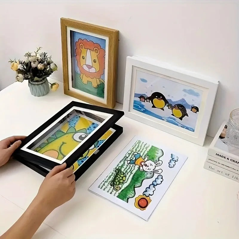 🧲🖼️ מסגרת עץ מגנטית גודל אי4 לתמונות וציורי ילדים  תצוגה מתחלפת בקליק