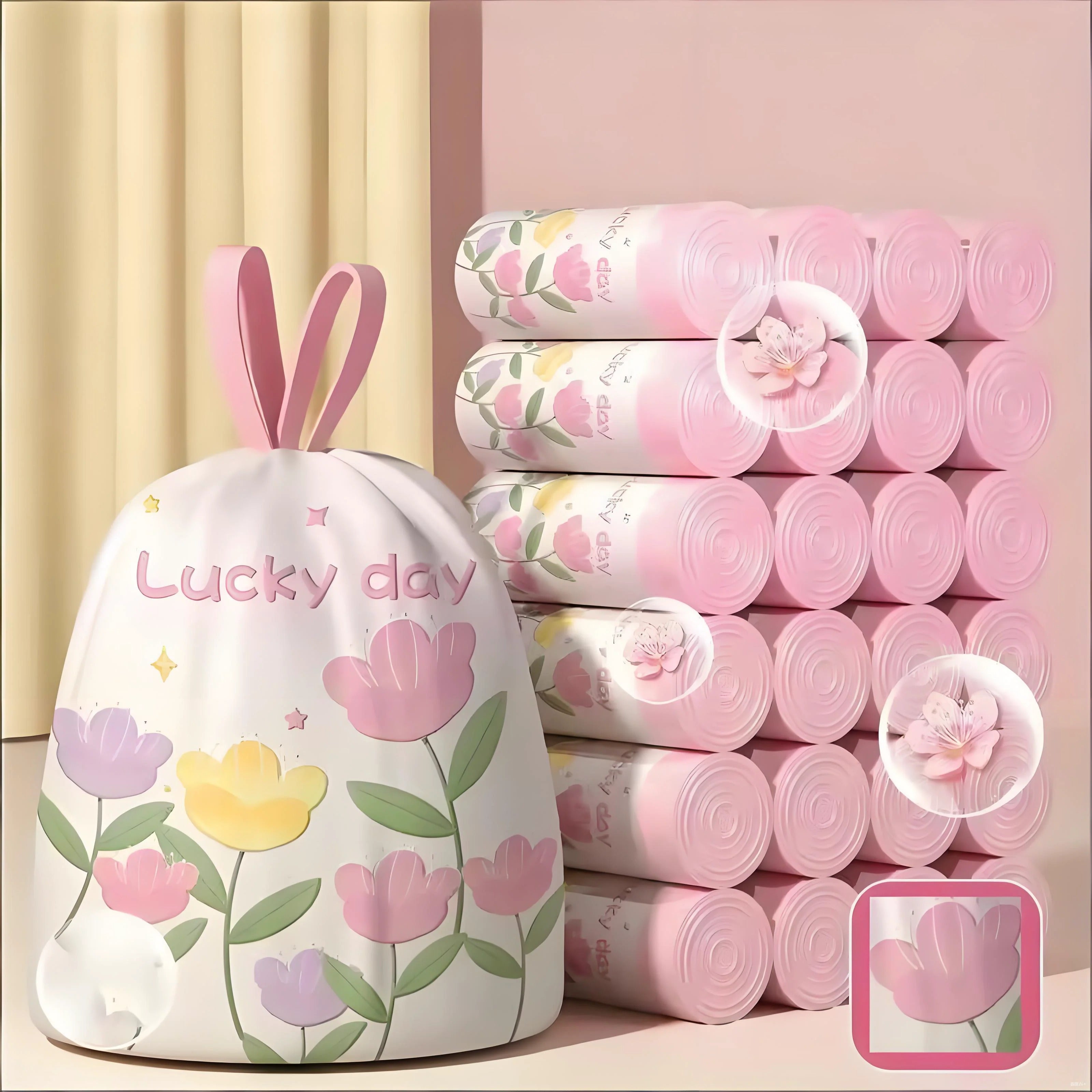 שקיות אשפה מעוצבות סטייל עבות וריחניות 60 בגליל עם שרוך, גודל גדול לבית ולמשרד