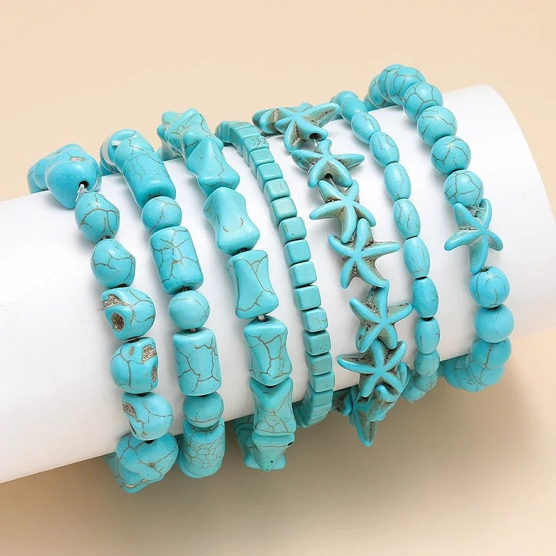 צמידי אוקיינוס טורקיז "כחול ספיר" אבן טבעית ועיצוב צב וכוכב ים צמיד יוניסקס בעבודת יד