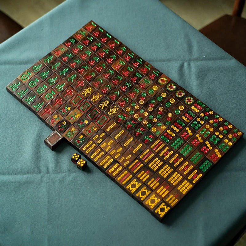 סט מהג’ונג יוקרתי עבודת יד מעץ – 144 אבנים איכותיות, משחק שולחן למשפחה ולחברים ואספנים