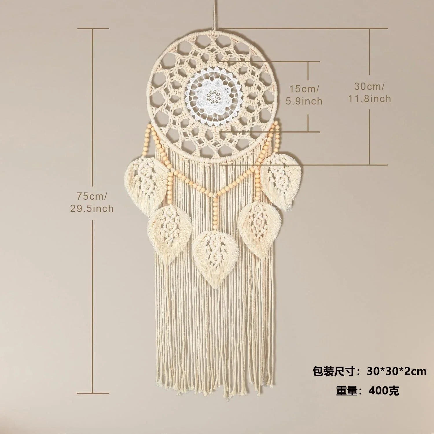 🍃   מקרמה בעבודת יד קישוט קיר גדול עלים  עם חרוזי עץ עיצוב בוהו-שיק לבית ולחדר שינה