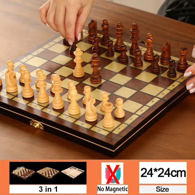 שחמט ♟️ מעץ פרימיום  + דמקה שש־בש עיצוב רטרו קלאסי ואלגנטי
