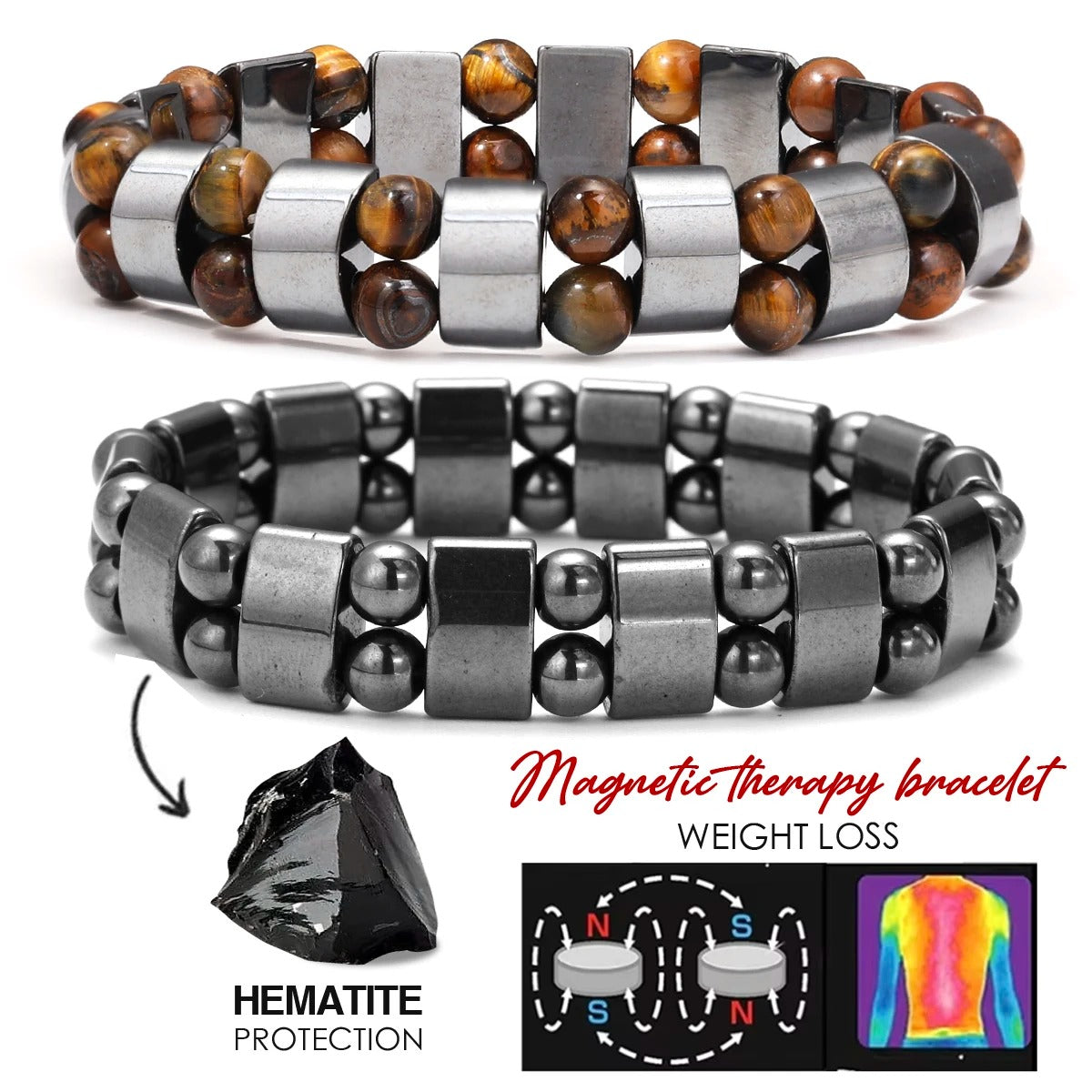 צמיד המטיט מגנטי לגבר (8 מ"מ) | צמיד בריאות לסיוע בהרזיה, איזון והפגת מתחים אלסטי קלאסי