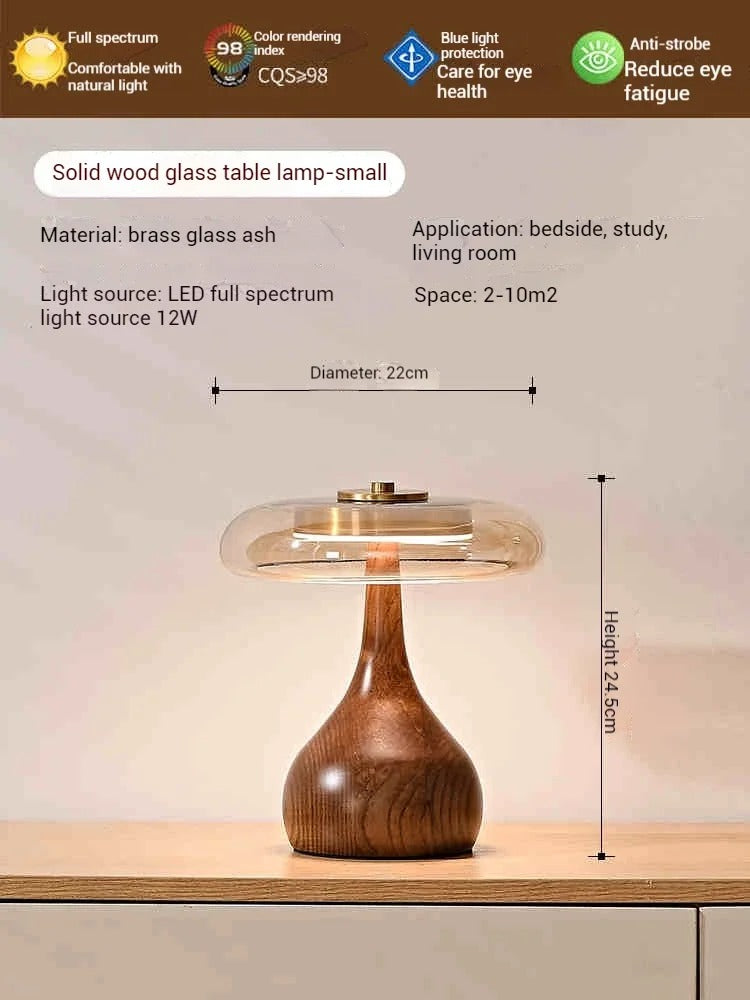 מנורת שולחן יפנית רטרו מעץ מלא וזכוכית בסיס עץ אגוז ונחושת מנורה דקורטיבית לסלון ולחדר שינה