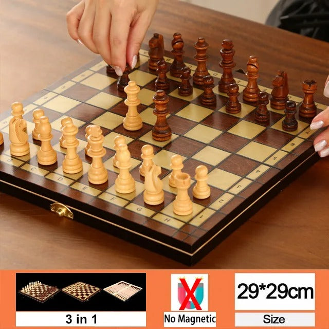 שחמט ♟️ מעץ פרימיום  + דמקה שש־בש עיצוב רטרו קלאסי ואלגנטי