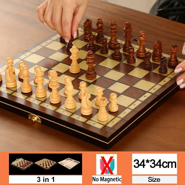 שחמט ♟️ מעץ פרימיום  + דמקה שש־בש עיצוב רטרו קלאסי ואלגנטי