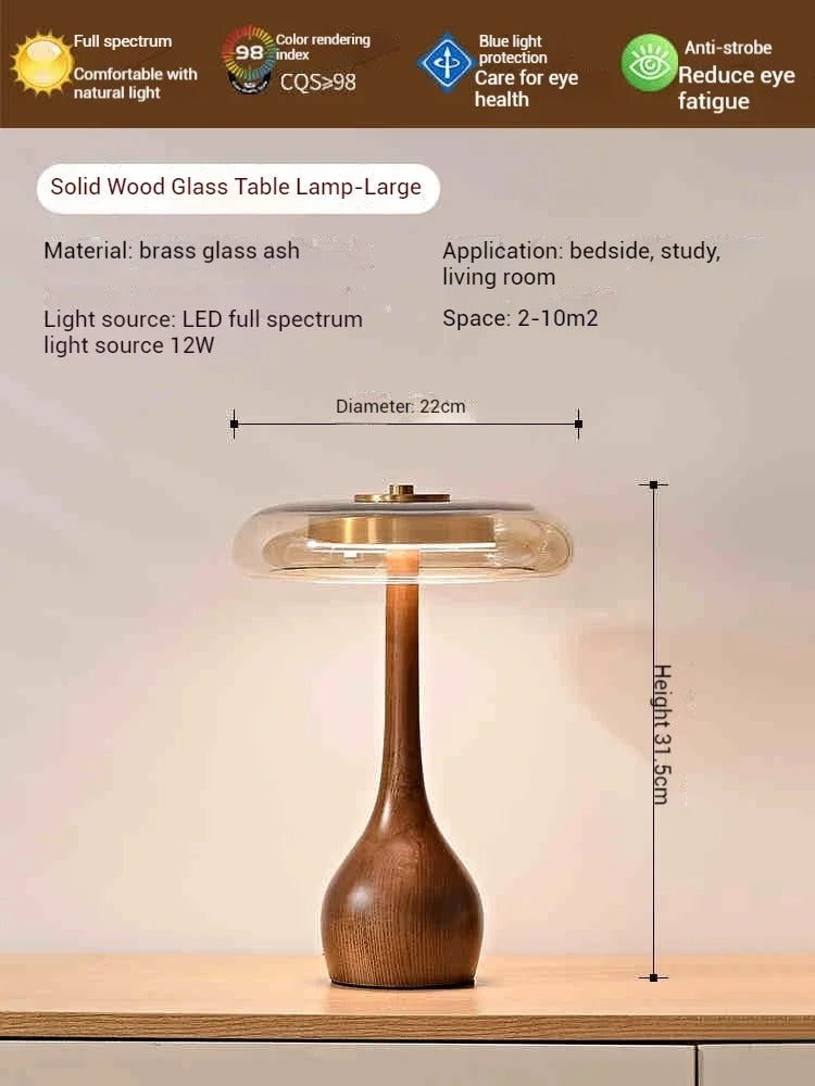 מנורת שולחן יפנית רטרו מעץ מלא וזכוכית בסיס עץ אגוז ונחושת מנורה דקורטיבית לסלון ולחדר שינה