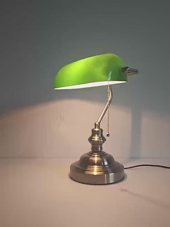 מנורת שולחן בנקר זכוכית ירוקה  וינטג' רטרו נורת לד מתג שרשרת  למשרד ולבית