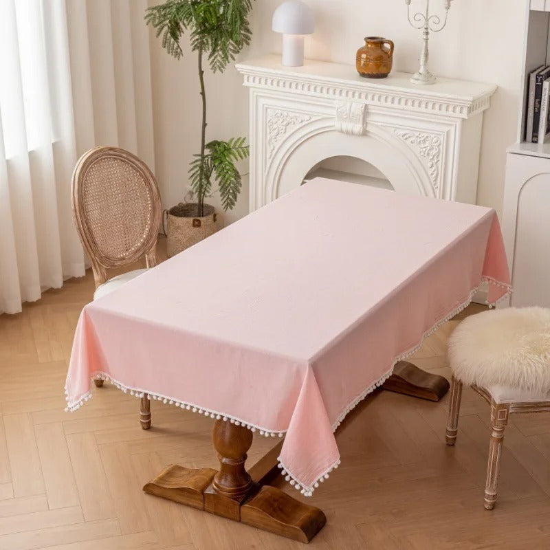 מפת שולחן עיצוב בוהו בצבע אחיד פונפונים כותנה מלבנית