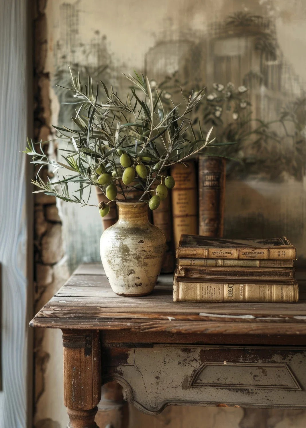 סט 4 פוסטר דיגיטלי להדפסה באיכות גבוהה פוסטר איטליה ענפי עץ זית עלים אדריכלות'