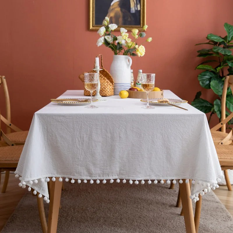 מפת שולחן עיצוב בוהו בצבע אחיד פונפונים כותנה מלבנית