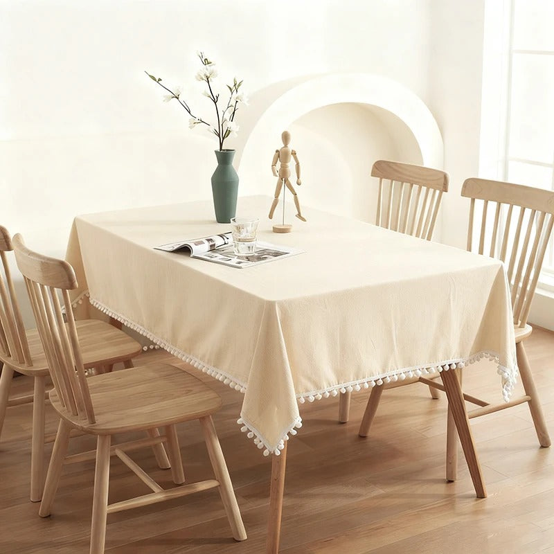 מפת שולחן עיצוב בוהו בצבע אחיד פונפונים כותנה מלבנית