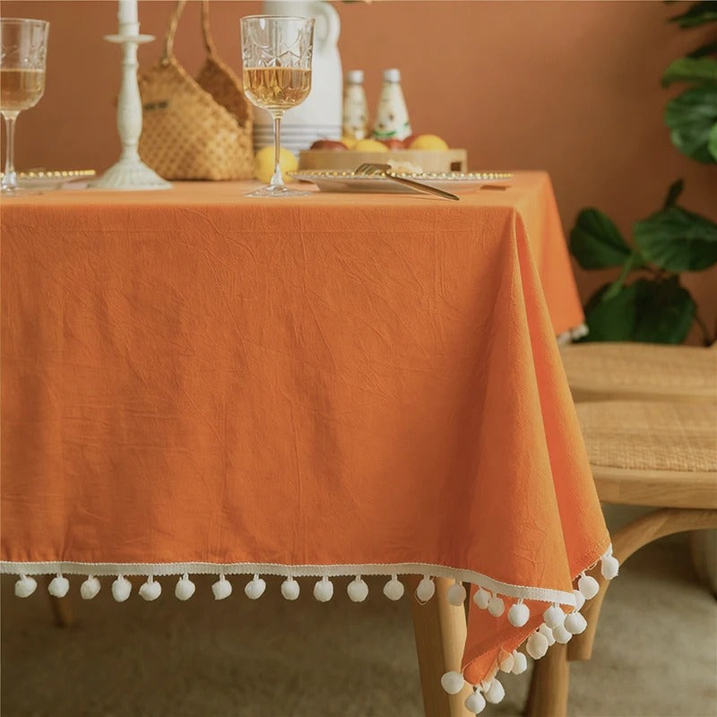 מפת שולחן עיצוב בוהו בצבע אחיד פונפונים כותנה מלבנית